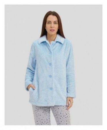 Woman in short light blue buttoned dressing gown with side pockets