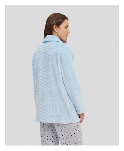 Rear view of light blue women's winter short dressing gown