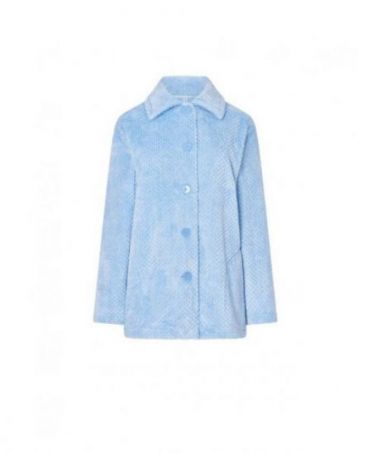 Women's open short dressing gown with buttons, light blue jacquard fabric, side pockets.