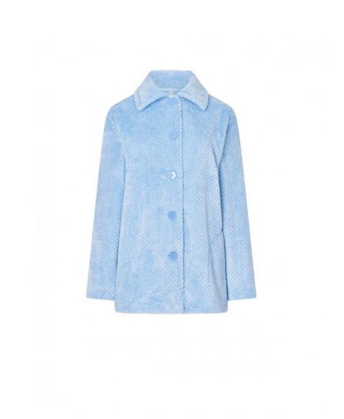 Women's open short dressing gown with buttons, light blue jacquard fabric, side pockets.