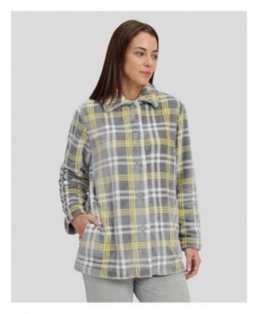 Woman in short plaid buttoned winter dressing gown