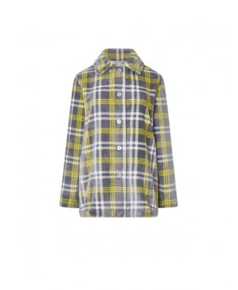 Women's short open coat in check flanell with buttons and side pockets.