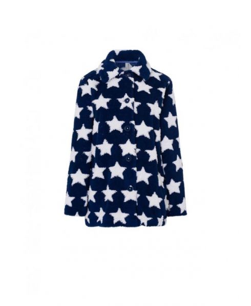 Women's short dressing gown, open with buttons, star print with side pockets.