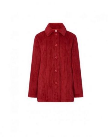 Women's open short dressing gown, red jacquard, with buttons and side pockets.