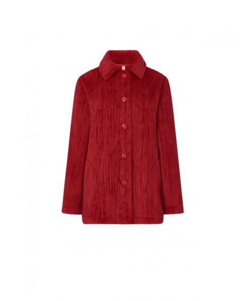 Women's open short dressing gown, red jacquard, with buttons and side pockets.