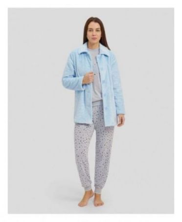 Women's three-piece winter set with jacquard buttoned jacket and long pyjamas with cuffs