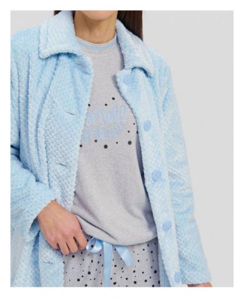 Detail of short light blue winter dressing gown and grey closed collar pyjamas with embroidery and cuffs