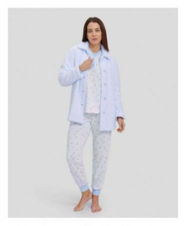 Woman with light blue hearts winter pyjama set and light blue teddy coat with button fastening