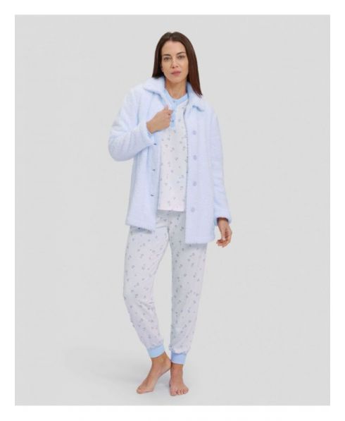 Woman with light blue hearts winter pyjama set and light blue teddy coat with button fastening