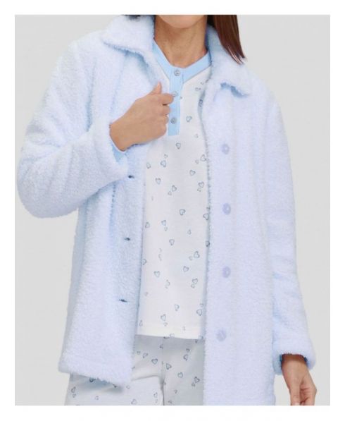 Detail view of light blue pyjamas with hearts and matching sheepskin buttoned dressing gown.