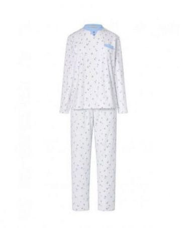 Women's long pyjamas, blue hearts print jacket, collar with buttons, long sleeves, long hearts trousers with pockets.