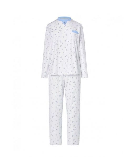 Women's long pyjamas, blue hearts print jacket, collar with buttons, long sleeves, long hearts trousers with pockets.