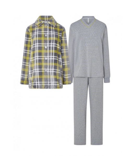 Conjunto de pijama de invierno gris a rombos y bata corta flannel a cuadros amarillos