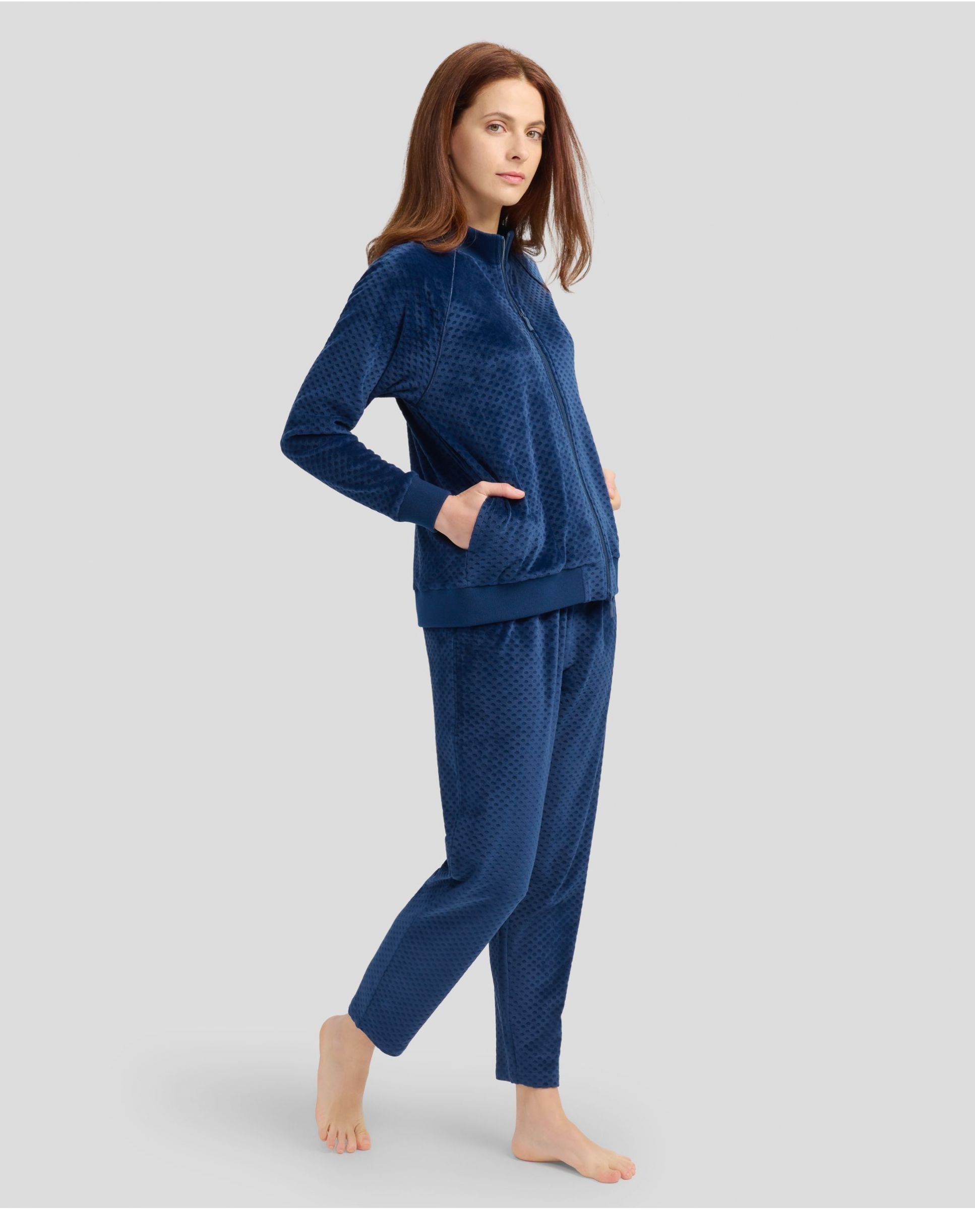 Women's navy jacquard velour winter tracksuit with zip and pockets