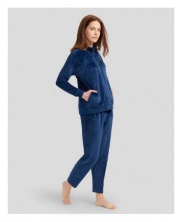 Women's navy jacquard velour winter tracksuit with zip and pockets