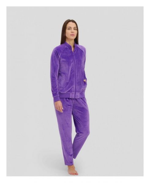 Women's purple jacquard velour winter tracksuit with zip and pockets