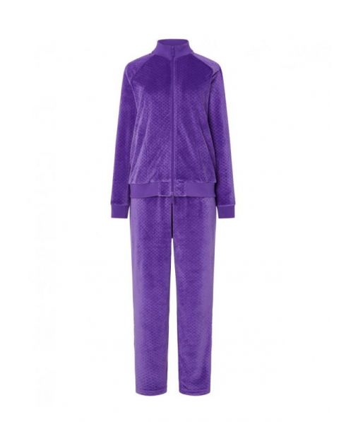 Pijama largo de mujer morado, chaqueta jacquard terciopelo abierta con cremallera y bolsillos laterales, pantalón largo