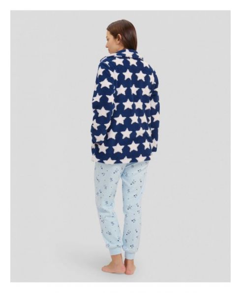 Rear view of women's light blue pyjama set with navy starry winter dressing gown