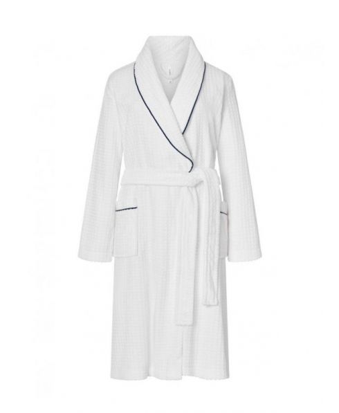 Women's long bathrobe, dinner jacket collar with piping, double breasted with plaston pockets.