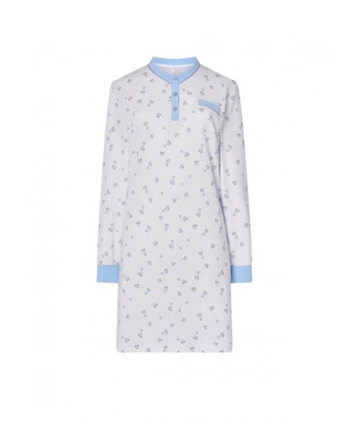 Light blue women's nightdress with hearts, button-down collar, long sleeves with cuffs