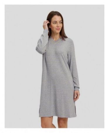 Woman with long-sleeved winter nightgown in grey with yellow diamond print