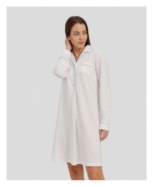 Woman in long buttoned winter nightgown for winter