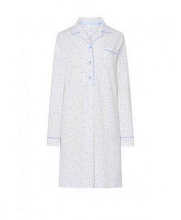 Women's long nightdress, open collar with buttons, decorative pocket, long sleeves, light blue hearts