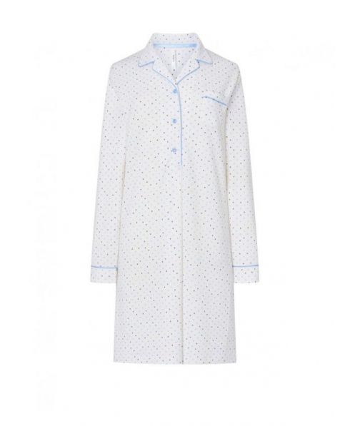 Women's long nightdress, open collar with buttons, decorative pocket, long sleeves, light blue hearts