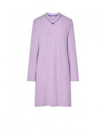 Winter nightdress long ribbed mauve V-neck mauve