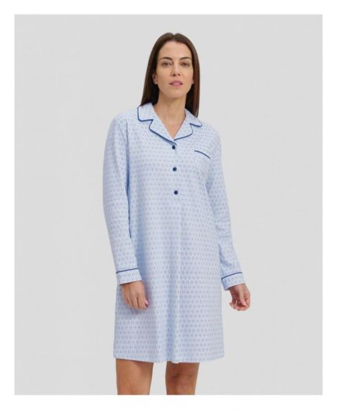 Woman in light blue oval winter long nightdress with open collar with blue buttons and piping