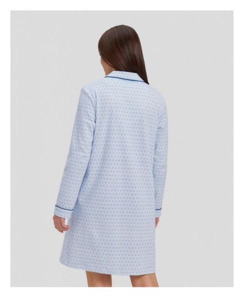 Rear view long sleeve printed winter nightdress with blue piping detail on collar and cuffs