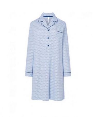 Women's light blue long nightdress, open collar with buttons, oval print, decorative pocket, long sleeves.