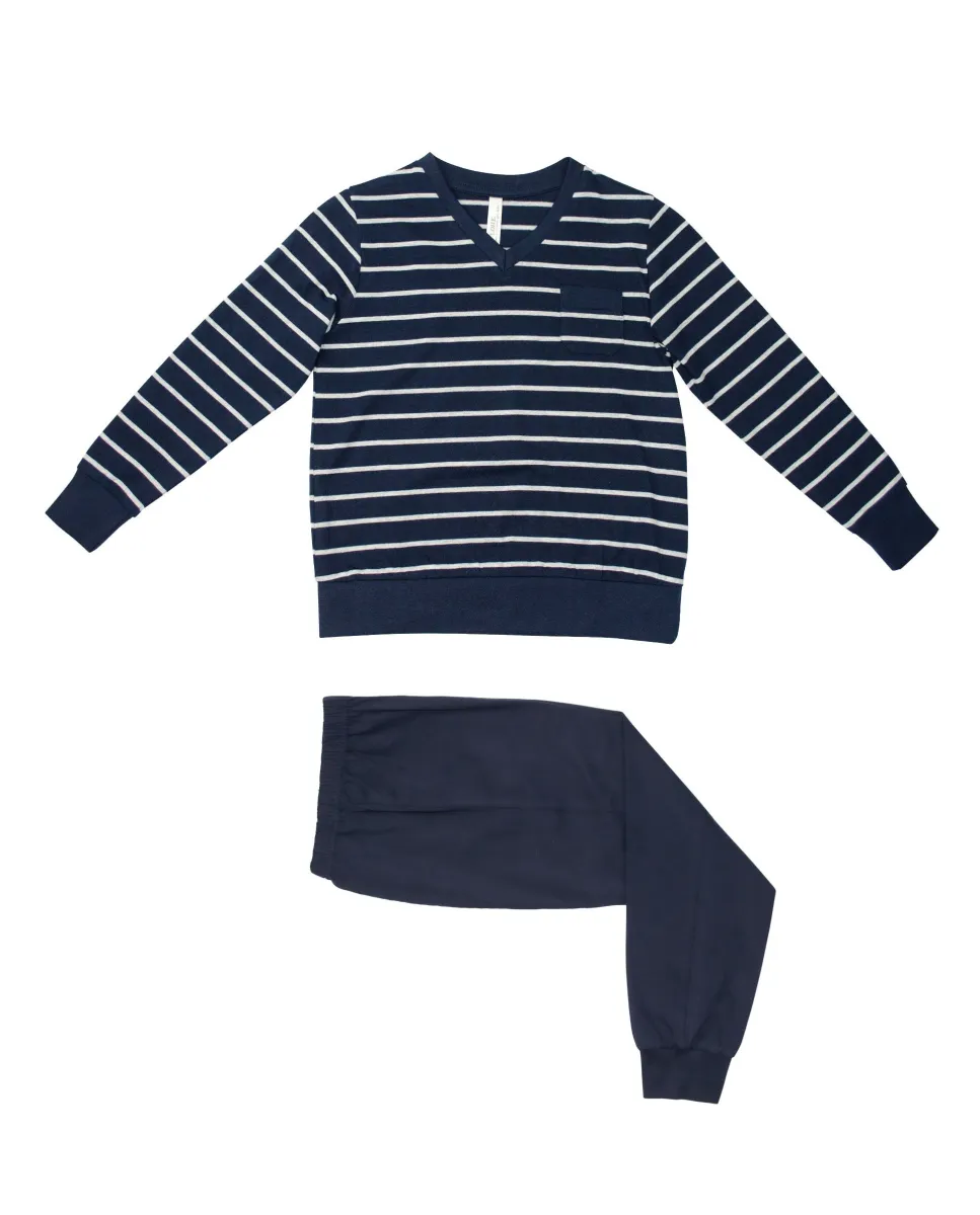 Children's winter pyjamas for boys in navy with stripes and cuffs