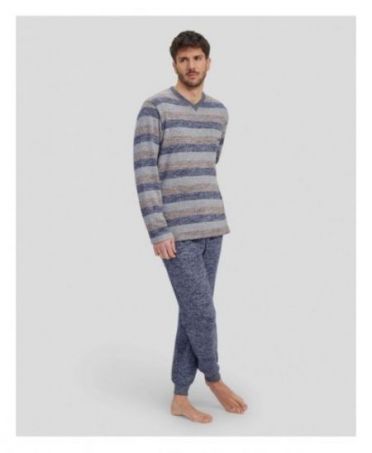 Man in grey striped winter pyjamas with V-neck collar