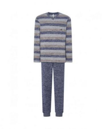 Men's long pyjamas, jacket with striped print, V-neck, plain long trousers with cuffs.