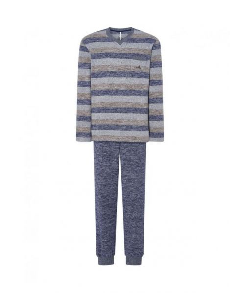 Men's long pyjamas, jacket with striped print, V-neck, plain long trousers with cuffs.