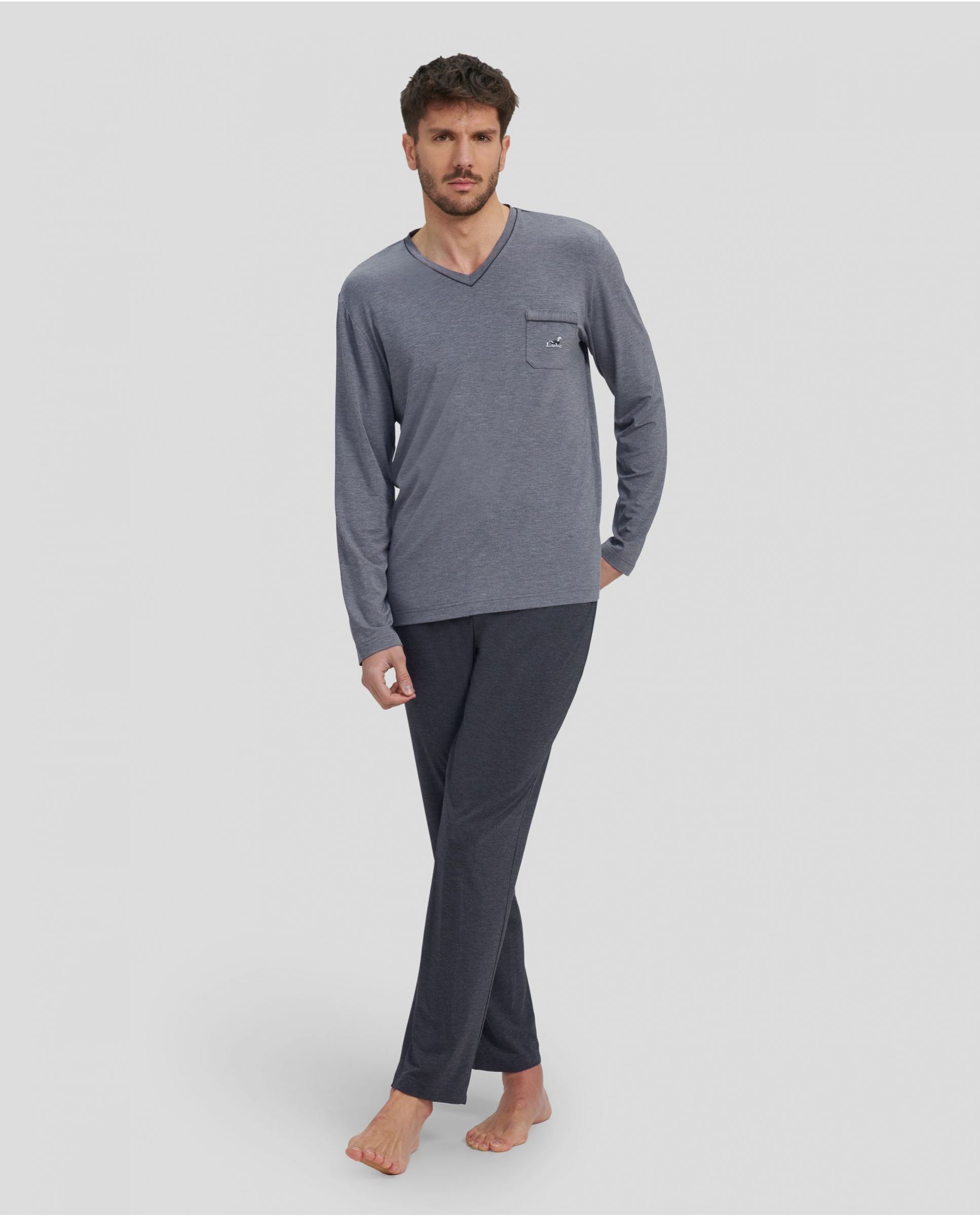 Man in grey modal long pyjamas V-neck