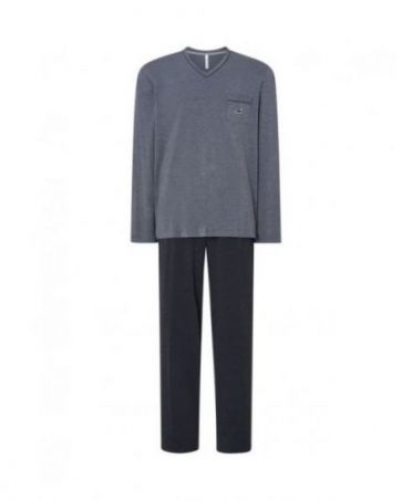 Men's long pyjamas, V-neck modal jacket, decorated pocket, plain modal long trousers.