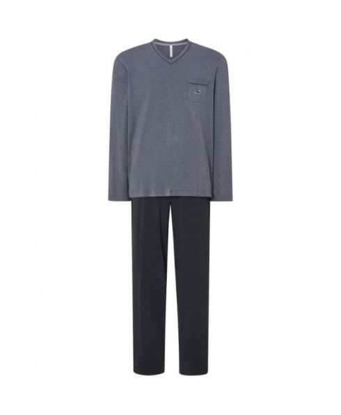 Men's long pyjamas, V-neck modal jacket, decorated pocket, plain modal long trousers.