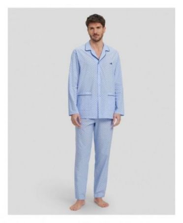 Man in long blue shirt pyjamas, collar with piped collar