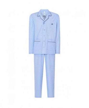 Men's long pyjamas, printed jacket open with buttons, plaston pockets, printed long trousers.