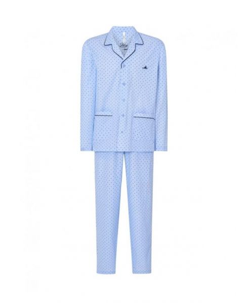 Men's long pyjamas, printed jacket open with buttons, plaston pockets, printed long trousers.