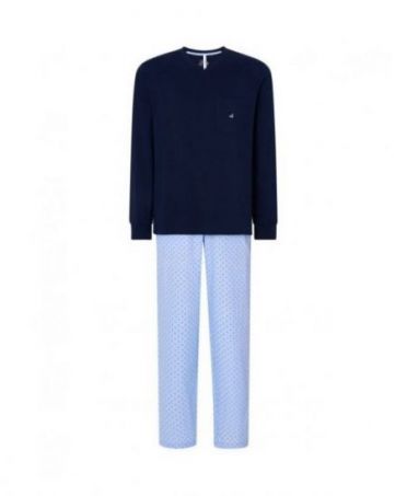 Lohe men's long pyjamas, plain jacket, V-neck, printed long trousers.