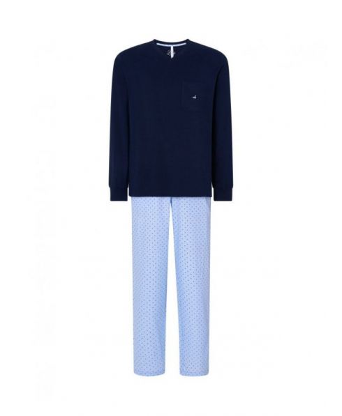 Lohe men's long pyjamas, plain jacket, V-neck, printed long trousers.