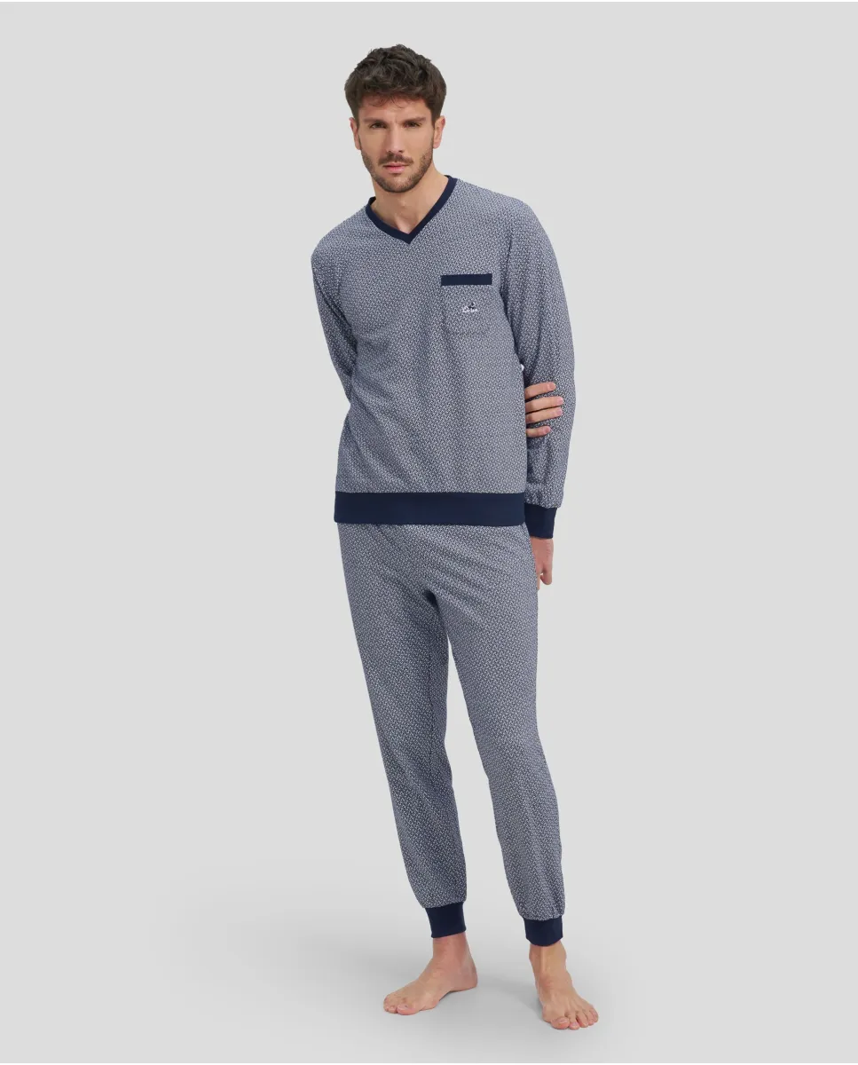 Hombre con Pijama largo de invierno cuello pico gris Jacquard y puños