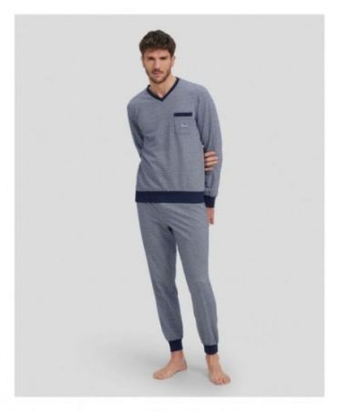 Men's Winter long pyjamas with grey jacquard V-neck and cuffs