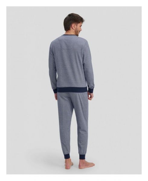 Rear view of grey men's winter pyjamas with elasticated cuffs and V-neck collar