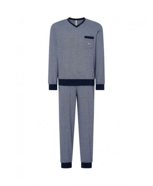 Lohe men's long pyjamas, printed jacket, V-neck, decorated pocket, printed long trousers with cuffs.