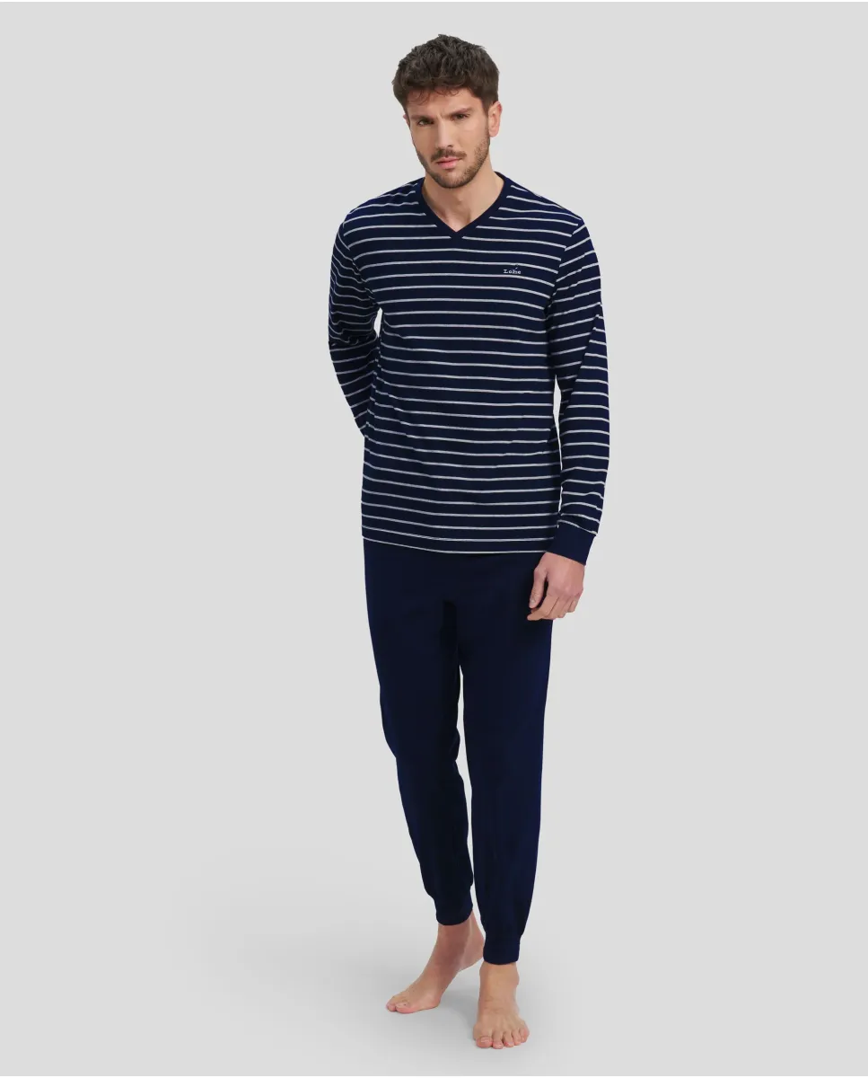 Men's navy striped winter pyjamas with cuffs and V-neck collar