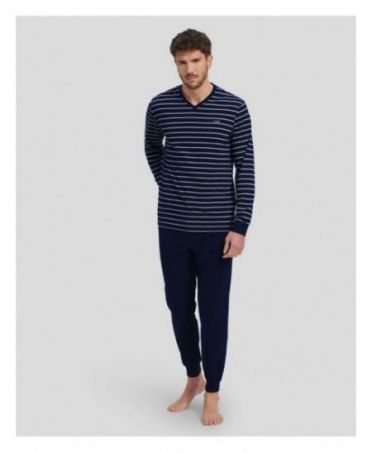 Men's navy striped winter pyjamas with cuffs and V-neck collar